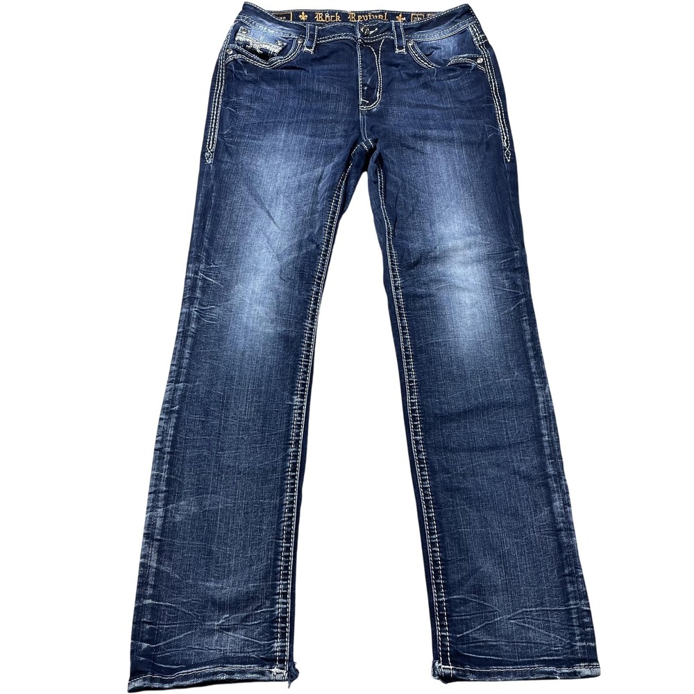 Rock Revival Easy Straight Jeans Womens 29 Blue Med Wash Low Rise 30x29.5